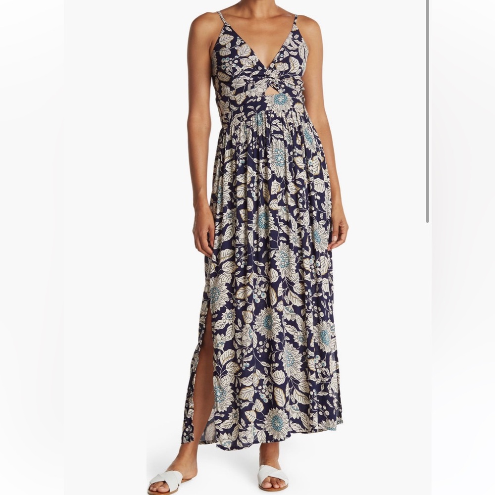 Angie Navy Floral Maxi Dress with Cream Leaves and Teal Blooms